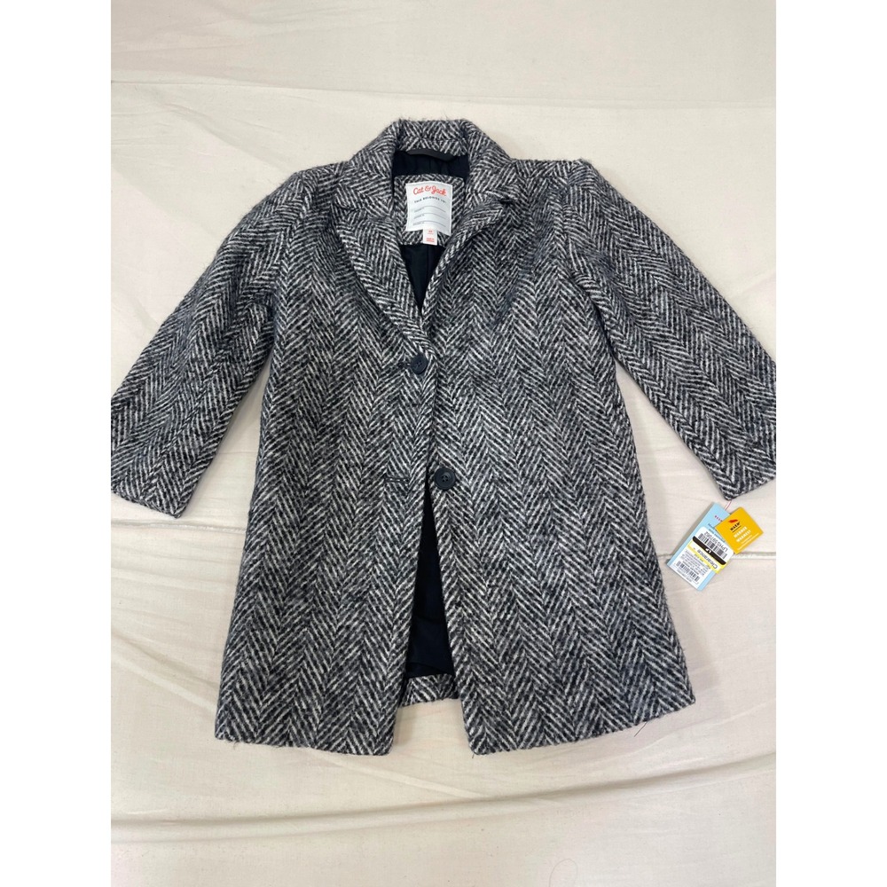 Cat & Jack Kids Herringbone Overcoat Black White Pea Coat XS 4-5 New